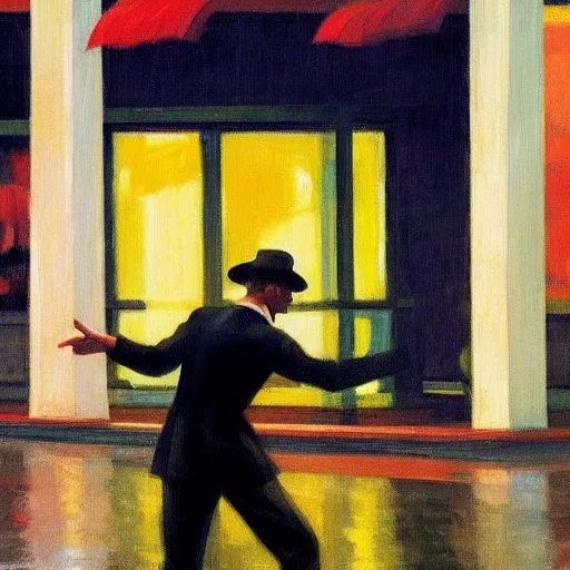 Image similar to man dancing in the rain, edward hopper, trending on artstation,