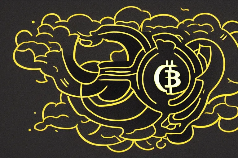 Image similar to a young dragon of black and gold, clouds, bitcoin patterned logo