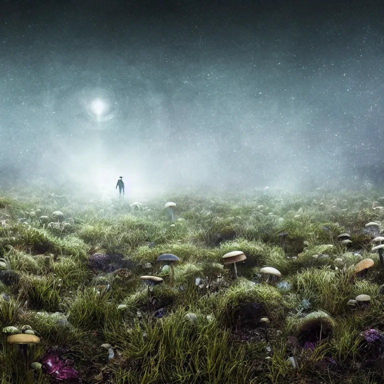 Image similar to a planet of various fungus, mushrooms and plants, inside the picture is infinity, Atmospheric phenomenon, artistic photography, muted colors, conceptual, long exposure outside the city, volumetric light