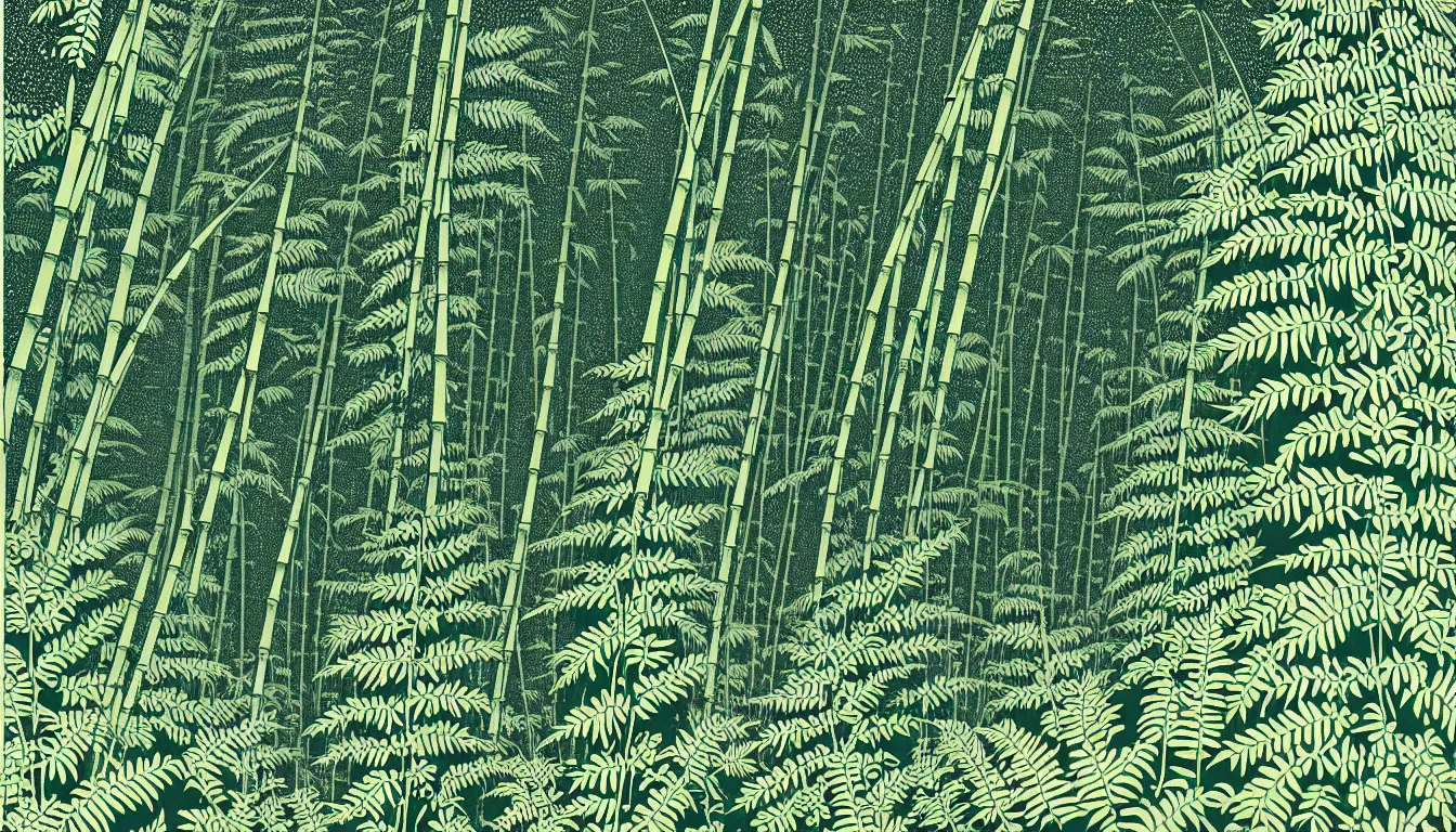 Prompt: close up of fern with bamboo grove in the background by woodblock print, nicolas delort, moebius, victo ngai, josan gonzalez, kilian eng