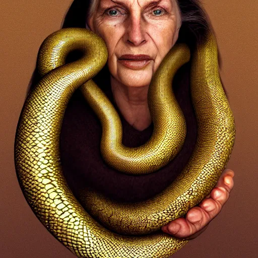 Image similar to snake man, up portrait with her body wrapped in gold scales, hyper photo realistic 8K HD HDRI, photo by Annie Leibovitz