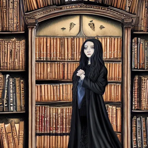 Prompt: 1 4 - year - old pale - skinned persian goth girl, black hair, long bob hair, black long coat, psychic girl, gloomy library, hogwarts library, ultra - realistic, sharp details, subsurface scattering, intricate details, cold lighting, highly detailed, photorealistic, octane render, 8 k unreal engine, art by artgerm
