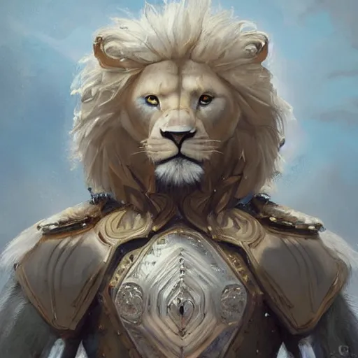 Image similar to a beautfiul award winning commission portrait of an anthro albino lion wearing diamond victorian armour,digital art,art by greg rutkowski,character design by charles bowater,photorealistic,ross tran,hyperdetailed,detailed face,fascinating,2021,western comic style