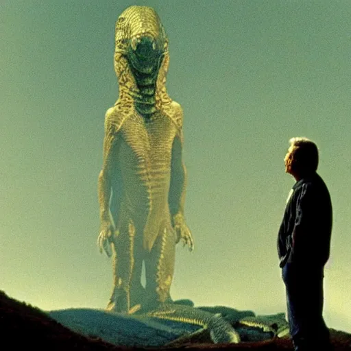 Image similar to a man listening to a reptilian humanoid, reptoids, archons, saurians, draconians, reptile, reptilian, draconian, movie still, cinematic composition, cinematic light, criterion collection, reimagined by industrial light and magic, Movie by David Lynch and Ridley Scott