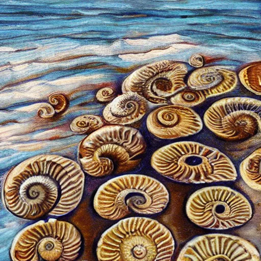 Prompt: ammonites floating in the ocean
