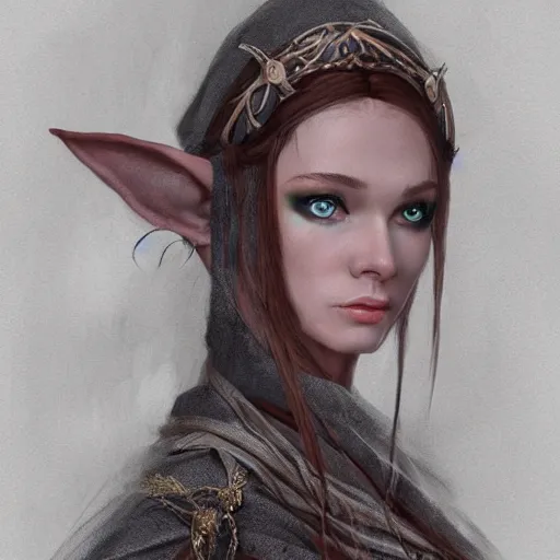 Image similar to beautiful realistic portrait of a female elf wizard, focus on face, fantasy, medieval, elegant, soft, intricate details, cinematic, trending on artstation, in the style of D&D