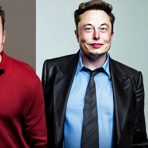 Image similar to A portrait photo of Elon Musk teams up with a teenage Elon Musk, perfect faces, 50 mm, award winning photography