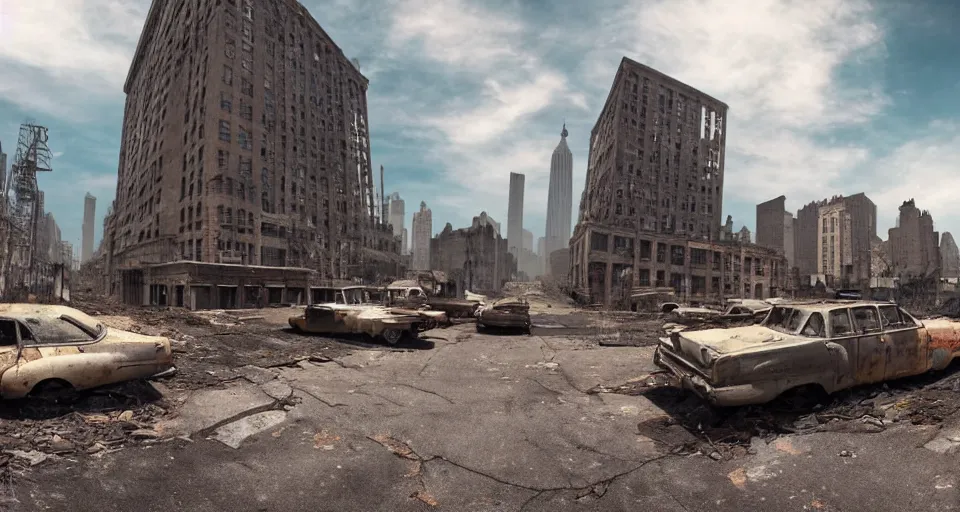 Image similar to wide angle shot of dilapidated fallout 5 new york city in real life, desolate with zombirs, dilapidated, empty streets, nightmarish, some rusted retro futuristic fallout vintage style parked vehicles, sunny weather, few clouds, volumetric lighting, photorealistic, daytime, autumn, sharp focus, ultra detailed, cgsociety