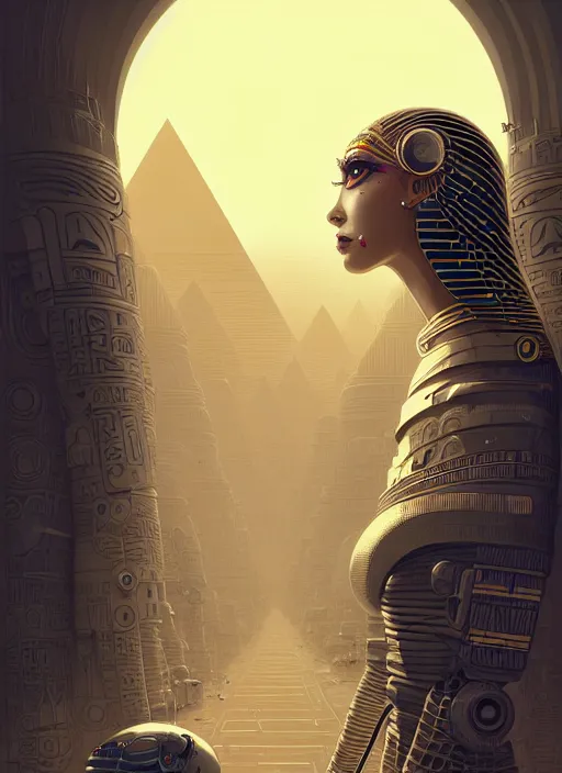 Prompt: highly detailed portrait of a robotoc cyborg long curly white hair egyptian tribal lady, stray wiring by atey ghailan, james gilleard, by joe fenton, by greg rutkowski, by greg tocchini, by kaethe butcher, 4 k resolution, gradient yellow, black and white color scheme!!! ( ( sandstorm robotic pyramid landscape background ) )