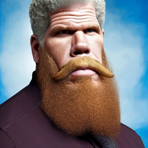 Prompt: ron perlman with a giant red curly afro with a handlebar mustache while wearing a light - blue collared shirt in the foreground, a blank canvas is right behind him, with a void white background, realistic, hyperrealistic, 8 k resolution, hd quality, very detailed, highly detailed, intricate details, real life, real world, trending on artstation