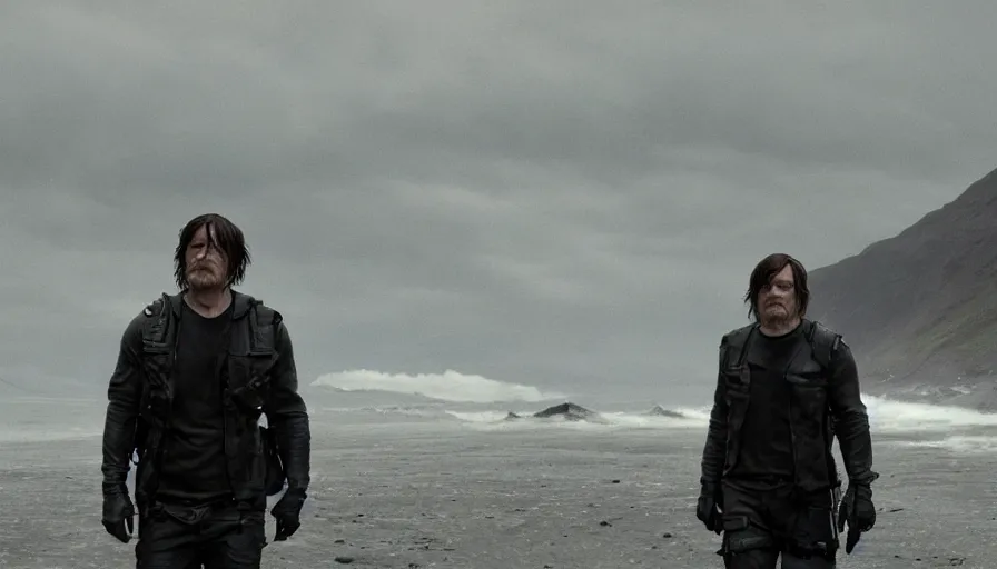 Prompt: Norman Reedus in Death Stranding, landscape, high contrast lighting, spherical lens, IMAX cinematography by Roger Deakins 4k