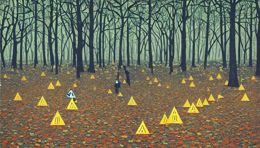 Image similar to safety cones scattered around an oak tree forest checker board forest floor, by james jean by ilya kuvshinov kintsugi, hyper detailed surrealist painting