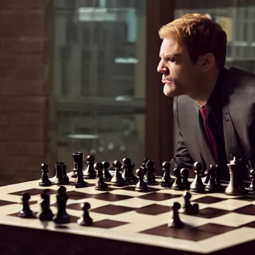 Prompt: daredevil pondering in front of a chess table, marvel movie