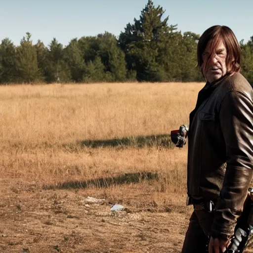 Prompt: cinematic still from the walking dead tv show with negan played by anton chigurh, smirking and holding lucile, dark