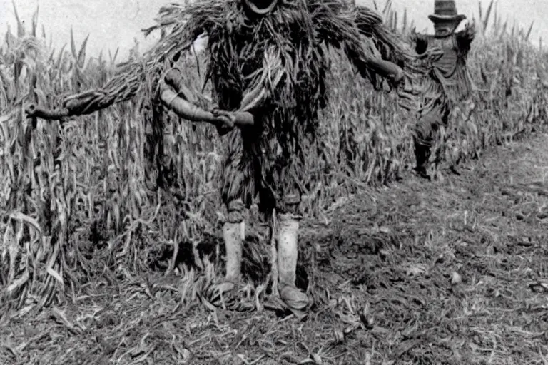 Image similar to disturbing scarecrow from the early 1 9 0 0's leading children into the cornfields