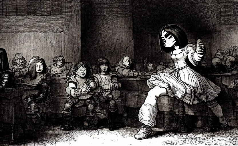 Prompt: classroom. battle angel alita. by rembrandt 1 6 6 7, illustration