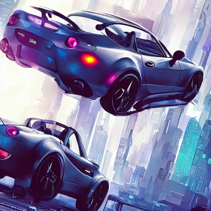 Image similar to a futuristic hovering, cyberpunk mazda miata in cyberpunk city, cyberpunk futuristic digital art concept