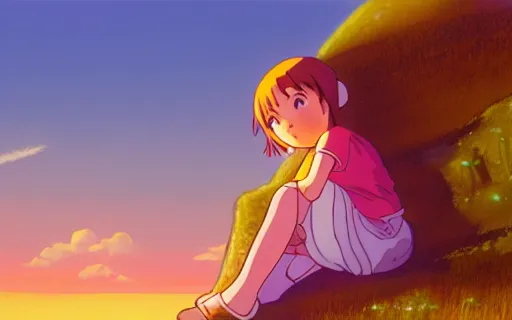 Prompt: a young girl sitting in a fild on a cliff watching a purple sunset, wide shot, art by hayao miyazaki, studio ghibli film, hi res, 4k