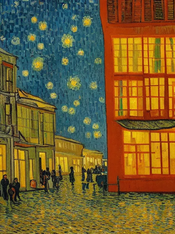 Prompt: van gogh painting of low residential building in russian suburbs, lights are on in the windows, deep night, post - soviet courtyard, cozy atmosphere, light fog, street lamps with orange light, several birches nearby, several elderly people stand at the entrance to the building