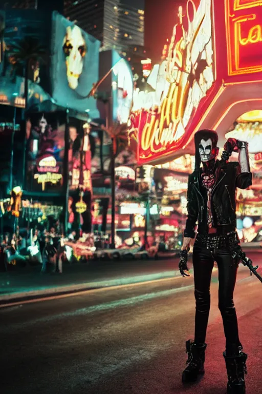 Image similar to full body portrait of a punk vampire on the Las Vegas strip at night, cinematic, hyper realism, high detail, octane render, 8k, trending on artstation, CGsociety, concept art, 35mm, kodak portra