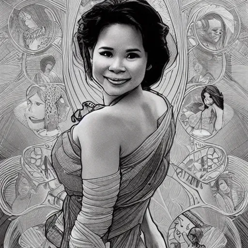 Image similar to amazing lifelike award winning pencil illustration of Lea Salonga in a helicopter trending on art station artgerm Greg rutkowski alphonse mucha miss Saigon cinematic