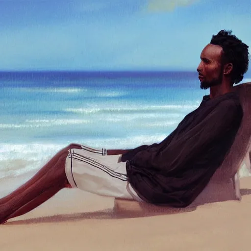 Image similar to beautiful portrait of a somali man, with long curly black hair, relaxing on the beach, by wang ling wlop