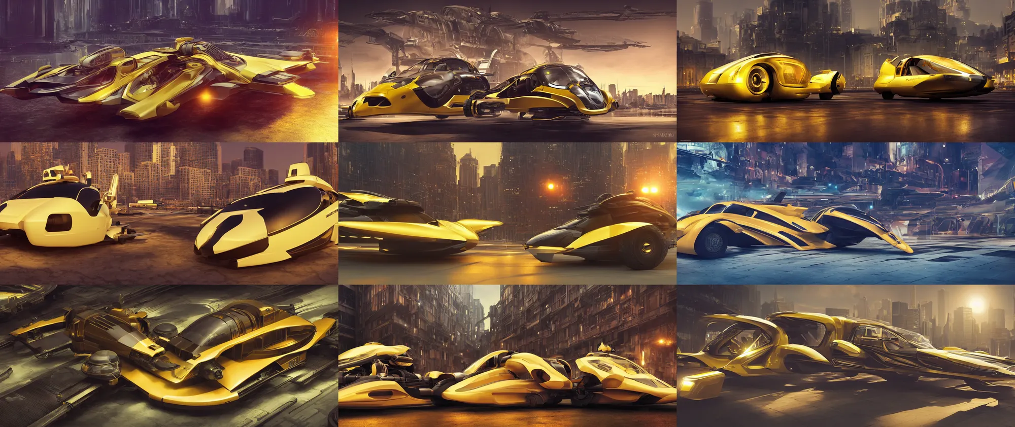 Prompt: Personal hovercraft vehicle designed by Syd Mead, hypermaximalistic, high details, cinematic, 8k resolution, beautifully detailed, insanely intricate details, artstation trending, octane render, hard surface model, warm yellow lights, golden hour, city background in silhouette,