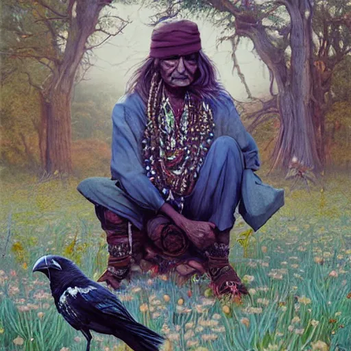 Prompt: n elderly indian don juan is sitting in a field with peyote and smoking a pipe, a raven walks next to him, by miho hirano, ross tran and ilya kuvshinov, realistic, detailed, beautiful fantasy detailed trending on artstation, oil painting, dramatic lighting, eterea, high quality print, fine art with subtle redshift rendering