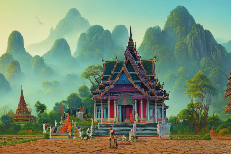 Image similar to summer morning, thai temple, rolling mountain, very coherent and colorful high contrast, art by gediminas pranckevicius, geof darrow, franz sedlacek, dark shadows, hard lighting