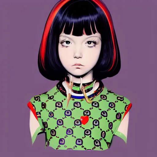 Prompt: little girl wearing an gucci's outfit. art by ilya kuvshinov, profile picture, inspired by hirohiko araki, highly detailed, 8 0 s anime art style, realistic, vogue cover