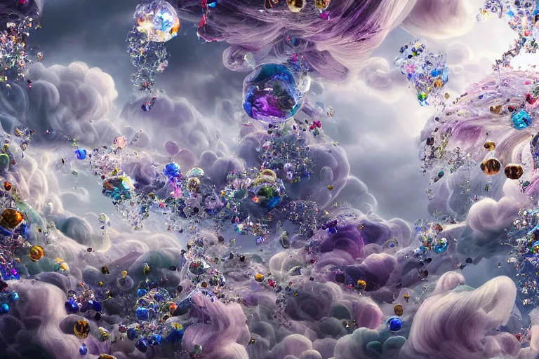 Image similar to simplicity, a huge flock of many ornate translucent puffy filigreed clouds tangled into large whirling ultra detailed clumps of crystal specimens, abstract environment, playful, award winning art, epic dreamlike fantasy landscape, ultra realistic,