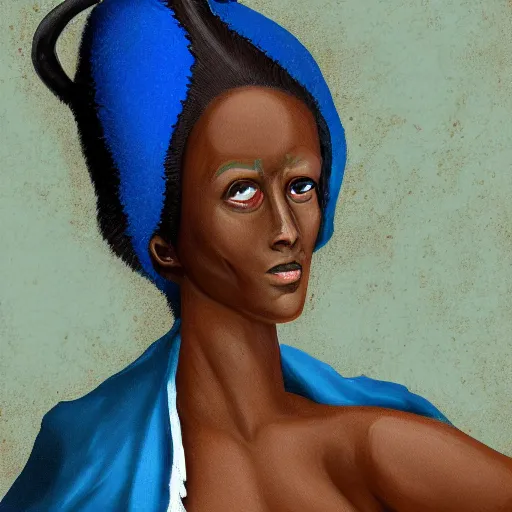 Image similar to digital painting of a satyr woman with horns, dark skin tone, short white hair, wearing blue clothes and a blue robe