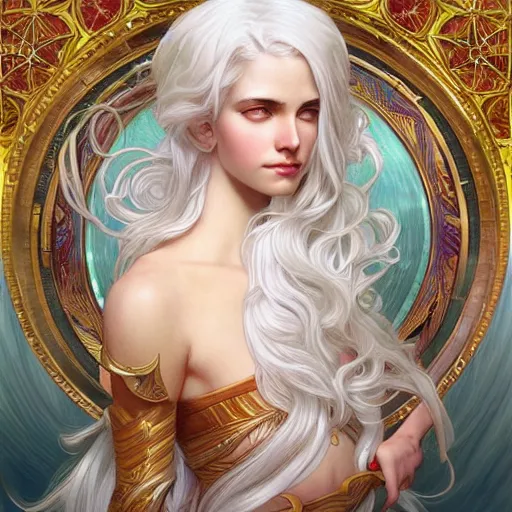 Image similar to god and goddess, white hair, long hair, gorgeous, amazing, elegant, intricate, highly detailed, digital painting, artstation, concept art, sharp focus, illustration, art by artgerm and greg rutkowski and alphonse mucha