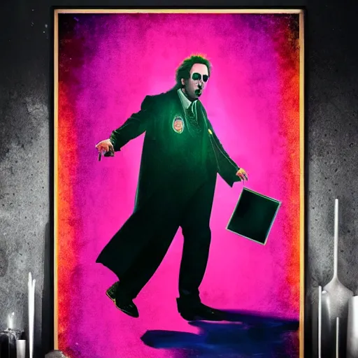Prompt: enraged nicolas cage in hogwarts, poster, neon vibes