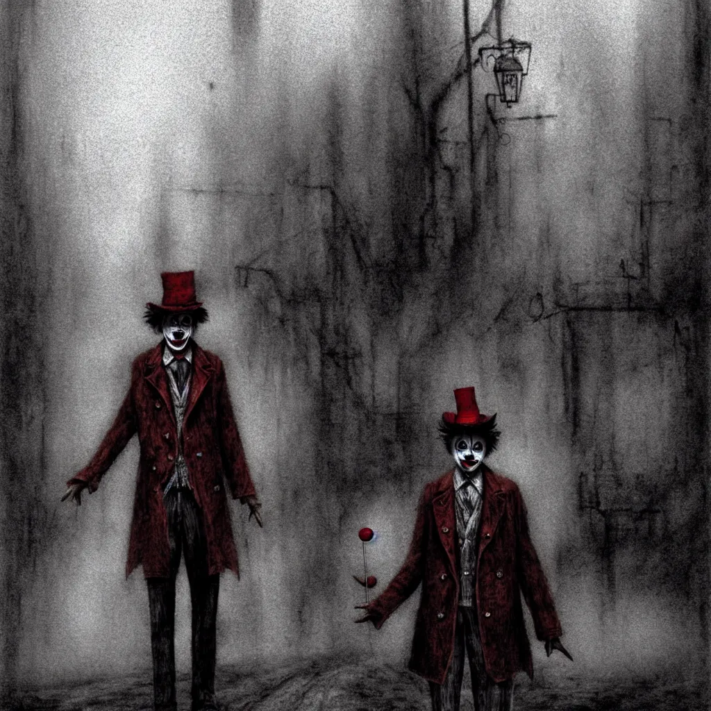 Image similar to A portrait of James Sunderland from Silent Hill 2 dressed as a clown standing in a foggy street, intricate, elegant, sharp focus, concept art, matte, art by Masahiro Ito