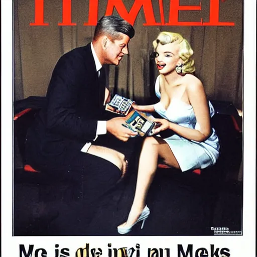 Image similar to time magazine cover photo of marilyn monroe and jfk playing yu - gi - oh with dual disks