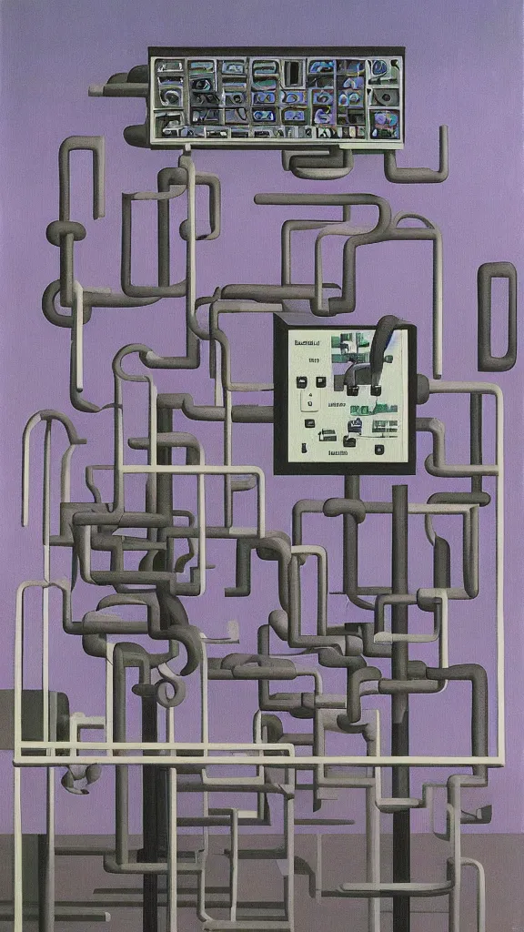 Prompt: a detailed painting of a modular synth by Rene Magritte