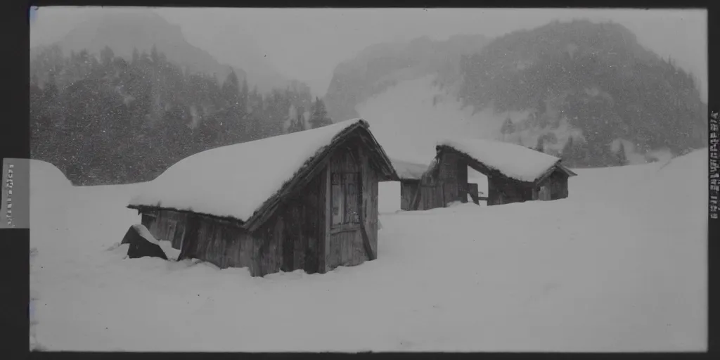 Image similar to 1 9 2 0 s photography of hut in the alps being submerged in snow