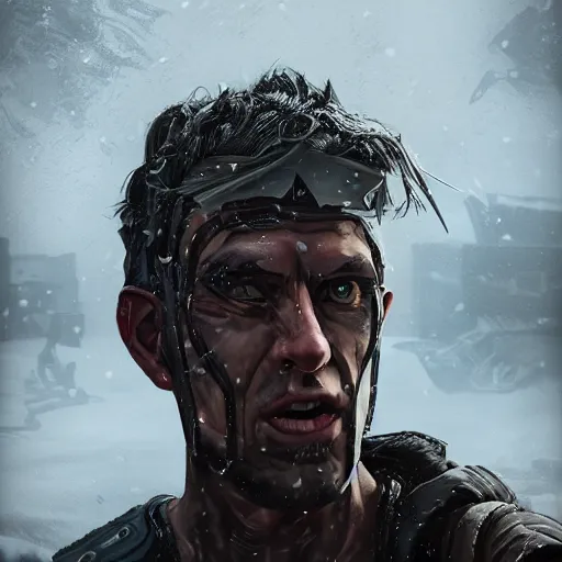 Image similar to A comic book style portrait painting of a male post apocalyptic punk warrior in a winter landscape, unreal 5, DAZ, hyperrealistic, octane render, RPG portrait, ambient light, dynamic lighting