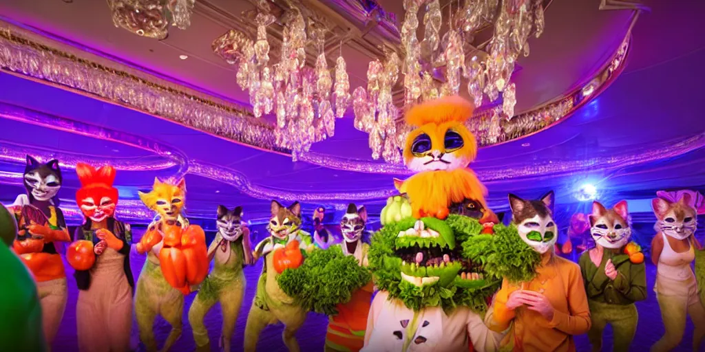 Image similar to 8 k uhd cinema 4 d, octane render of multiple cats dressed as vegetables with vegetables as masks, vegetables dressed as cats with fluffy tails, line dancing at a party, in the ballroom of a luxury cruise liner, beautiful chandeliers from the ceiling, ultra realistic, group photography, 1 0 5 mm lens, multi coloured volumetric lighting