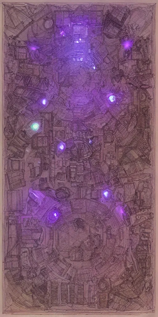 Prompt: a dnd battlemap of a court room, highly detailed, top view, by Czepeku, extremly detailed line work, purple and orange lights