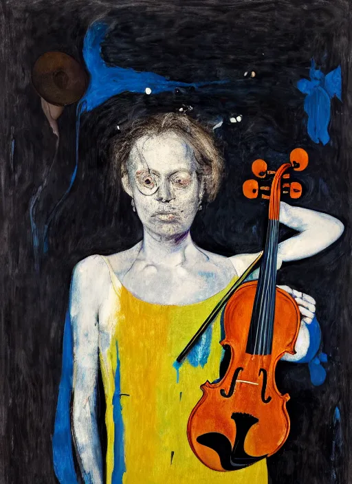 Image similar to front view of woman standing with violin down painted by vincent lefevre and hernan bas and thomas houseago and pat steir and hilma af klint, psychological, photorealistic, symmetrical face, dripping paint, washy brush, rendered in octane, altermodern, masterpiece