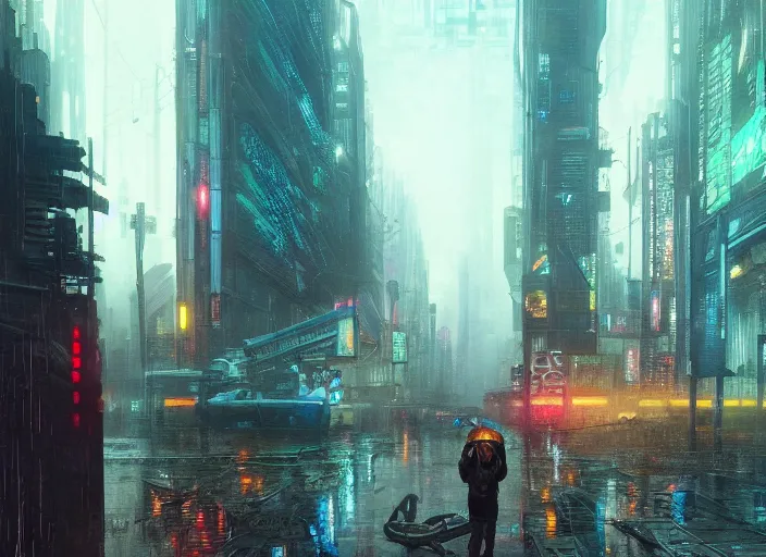 Prompt: An oil painting a cyberpunk city, foggy and raining, hyper detailed, super realistic, isometric, 4k, trending on artstation, octane render, art by artgerm and greg rutkowski and alphonse mucha and craig mullins and James Jean and Andrei Riabovitchev and Marc Simonetti and peter mohrbacher,