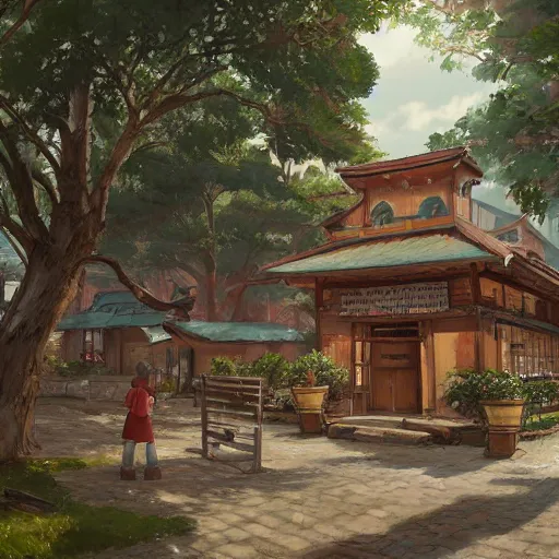 Prompt: concept art painting of a historic bakery with european and japanese architecture, in a forest village surrounded by trees, realistic, detailed, cel shaded, in the style of makoto shinkai and greg rutkowski and james gurney