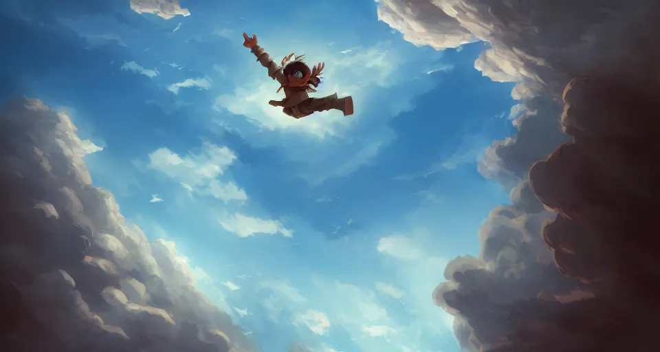 Prompt: a boy being thrown off of a large wooden fantasy sky - ship flying through the clouds with blue sky, andreas rocha style