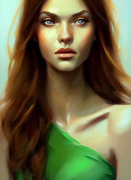 Image similar to portrait of a gorgeous young woman in the style of stefan kostic, green eyes, long brown hair, artstation, concept art