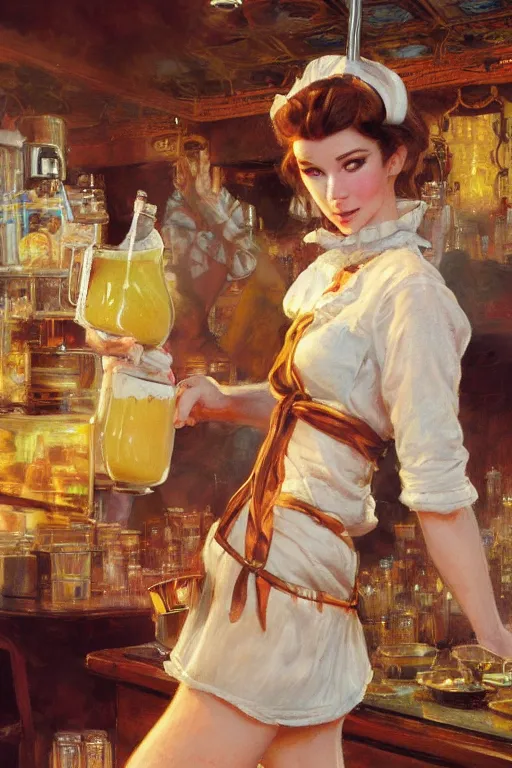 Prompt: a female anthro wolf serving milkshakes as a waitress, 5 0's diner, 4 k, furaffinity, furry art, trending on artstation, very expressive face, by gaston bussiere, craig mullins, sakimichan, gustav klimt, artgerm, greg rutkowski, alphonse mucha