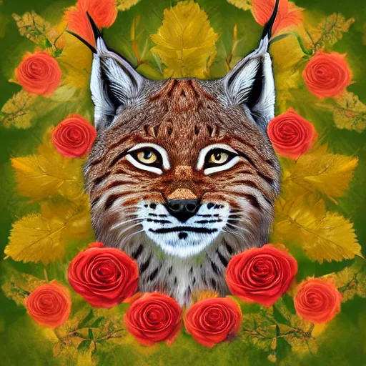 Prompt: lynx wearing a flower circle made out of roses and golden leaves on his head, a majestic crown, an expressive digital painting, high quality art