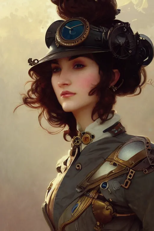 Prompt: a female steampunk pilot, googles, arcane, intricate, elegant, highly detailed, digital painting, artstation, concept art, smooth, sharp focus, illustration, art by artgerm and greg rutkowski and alphonse mucha and william - adolphe bouguereau