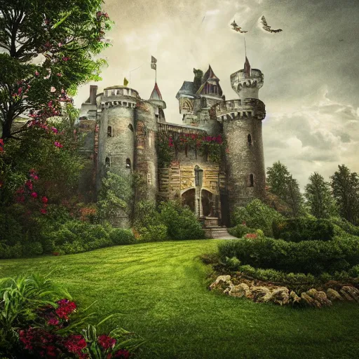 Image similar to a castle within a garden, realistic, photo studio, HDR, 8k, trending on artstation